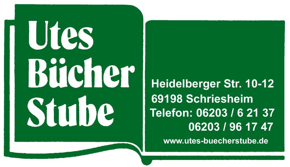 Logo von Utes Bücherstube in Schriesheim: Ein grünes, geöffnetes Buch mit dem Firmennamen links und den Adress- und Kontaktdaten rechts